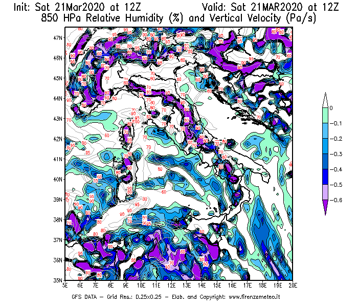 Mappa di analisi GFS - Umidità relativa [%] e Omega [Pa/s] a 850 hPa in Italia
							del 21/03/2020 12 <!--googleoff: index-->UTC<!--googleon: index-->