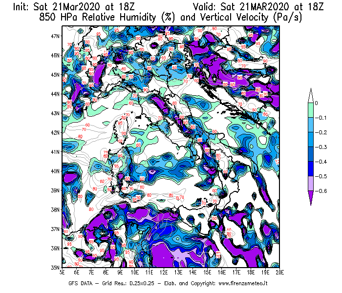 Mappa di analisi GFS - Umidità relativa [%] e Omega [Pa/s] a 850 hPa in Italia
									del 21/03/2020 18 <!--googleoff: index-->UTC<!--googleon: index-->