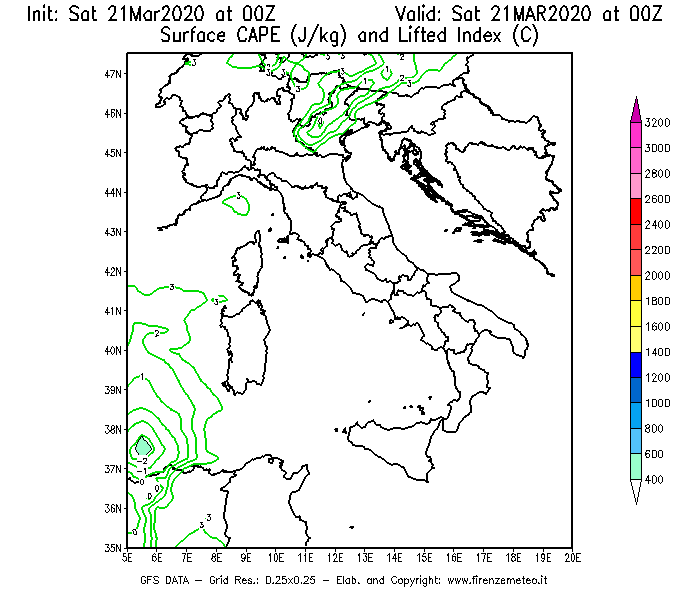 Mappa di analisi GFS - CAPE [J/kg] e Lifted Index [°C] in Italia
							del 21/03/2020 00 <!--googleoff: index-->UTC<!--googleon: index-->