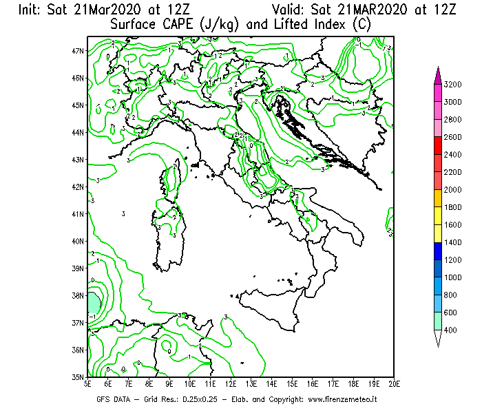 Mappa di analisi GFS - CAPE [J/kg] e Lifted Index [°C] in Italia
									del 21/03/2020 12 <!--googleoff: index-->UTC<!--googleon: index-->
