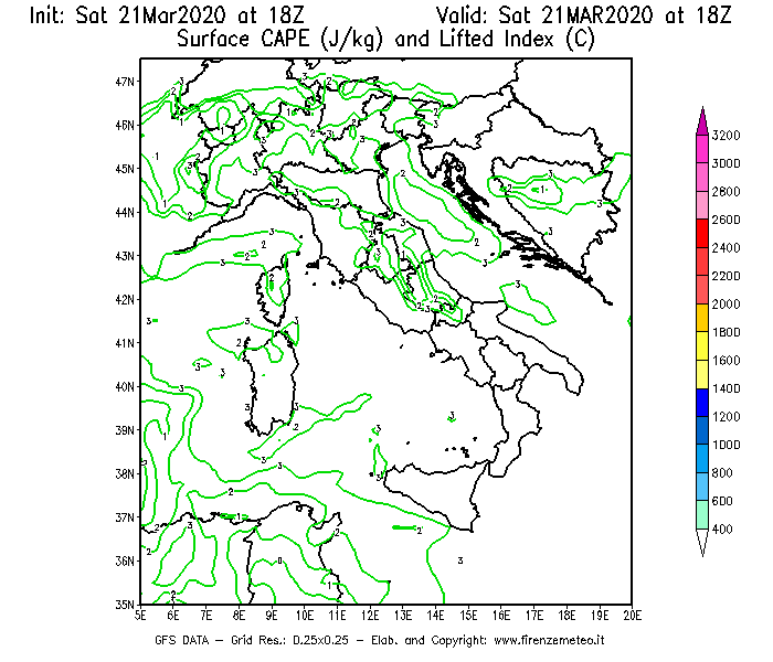 Mappa di analisi GFS - CAPE [J/kg] e Lifted Index [°C] in Italia
							del 21/03/2020 18 <!--googleoff: index-->UTC<!--googleon: index-->