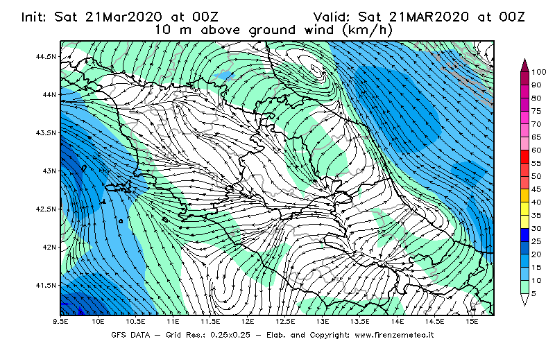 Mappa di analisi GFS - Velocità del vento a 10 metri dal suolo [km/h] in Centro-Italia
									del 21/03/2020 00 <!--googleoff: index-->UTC<!--googleon: index-->