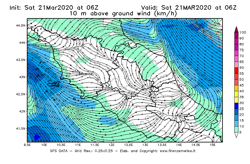 Mappa di analisi GFS - Velocità del vento a 10 metri dal suolo [km/h] in Centro-Italia
							del 21/03/2020 06 <!--googleoff: index-->UTC<!--googleon: index-->