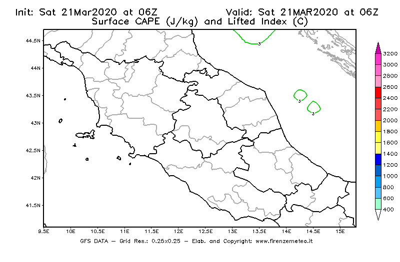 Mappa di analisi GFS - CAPE [J/kg] e Lifted Index [°C] in Centro-Italia
									del 21/03/2020 06 <!--googleoff: index-->UTC<!--googleon: index-->