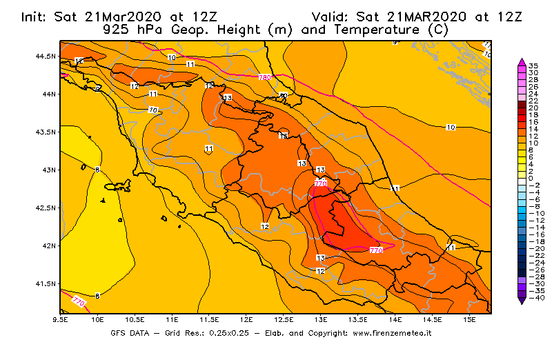 Mappa di analisi GFS - Geopotenziale [m] e Temperatura [°C] a 925 hPa in Centro-Italia
							del 21/03/2020 12 <!--googleoff: index-->UTC<!--googleon: index-->