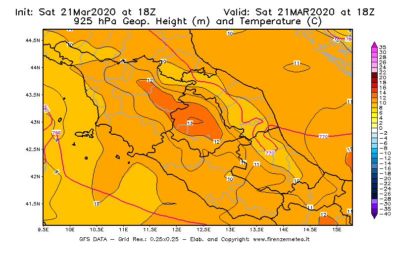 Mappa di analisi GFS - Geopotenziale [m] e Temperatura [°C] a 925 hPa in Centro-Italia
							del 21/03/2020 18 <!--googleoff: index-->UTC<!--googleon: index-->
