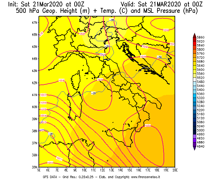 Mappa di analisi GFS - Geopotenziale [m] + Temp. [°C] a 500 hPa + Press. a livello del mare [hPa] in Italia
							del 21/03/2020 00 <!--googleoff: index-->UTC<!--googleon: index-->