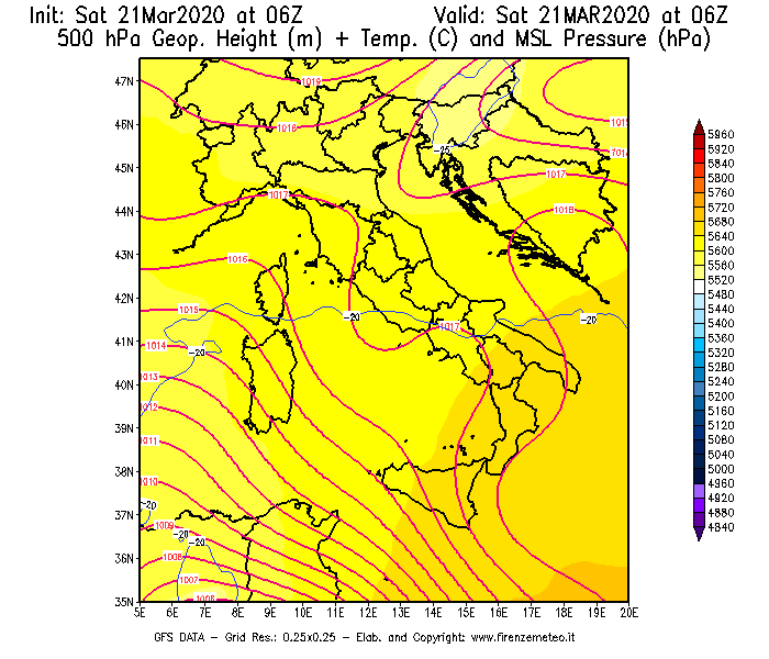 Mappa di analisi GFS - Geopotenziale [m] + Temp. [°C] a 500 hPa + Press. a livello del mare [hPa] in Italia
							del 21/03/2020 06 <!--googleoff: index-->UTC<!--googleon: index-->