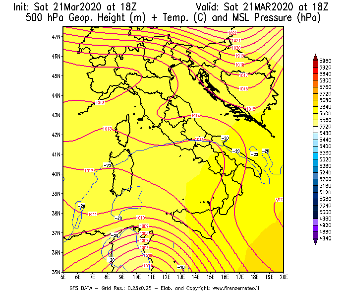 Mappa di analisi GFS - Geopotenziale [m] + Temp. [°C] a 500 hPa + Press. a livello del mare [hPa] in Italia
							del 21/03/2020 18 <!--googleoff: index-->UTC<!--googleon: index-->