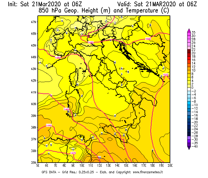 Mappa di analisi GFS - Geopotenziale [m] e Temperatura [°C] a 850 hPa in Italia
							del 21/03/2020 06 <!--googleoff: index-->UTC<!--googleon: index-->