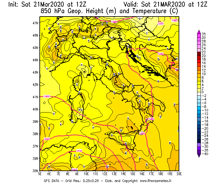 Mappa di analisi GFS - Geopotenziale [m] e Temperatura [°C] a 850 hPa in Italia
									del 21/03/2020 12 <!--googleoff: index-->UTC<!--googleon: index-->