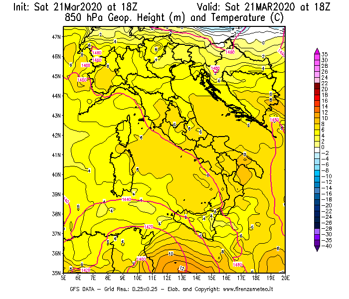 Mappa di analisi GFS - Geopotenziale [m] e Temperatura [°C] a 850 hPa in Italia
							del 21/03/2020 18 <!--googleoff: index-->UTC<!--googleon: index-->