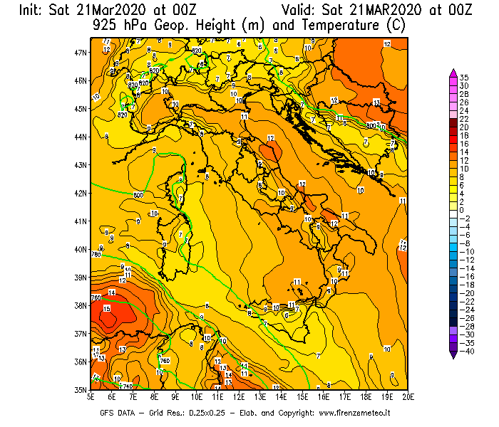 Mappa di analisi GFS - Geopotenziale [m] e Temperatura [°C] a 925 hPa in Italia
									del 21/03/2020 00 <!--googleoff: index-->UTC<!--googleon: index-->
