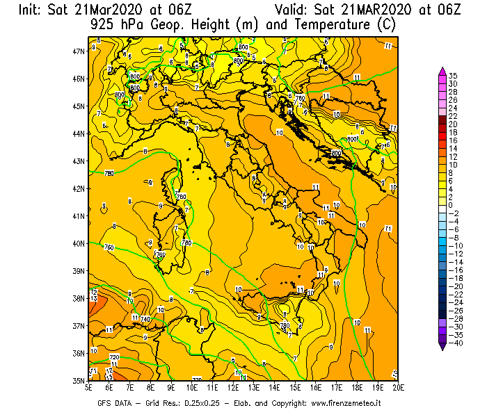 Mappa di analisi GFS - Geopotenziale [m] e Temperatura [°C] a 925 hPa in Italia
							del 21/03/2020 06 <!--googleoff: index-->UTC<!--googleon: index-->