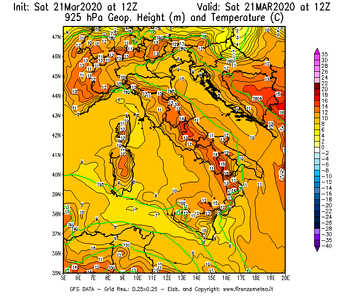 Mappa di analisi GFS - Geopotenziale [m] e Temperatura [°C] a 925 hPa in Italia
							del 21/03/2020 12 <!--googleoff: index-->UTC<!--googleon: index-->