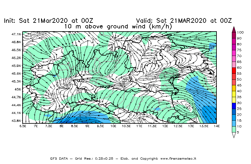 Mappa di analisi GFS - Velocità del vento a 10 metri dal suolo [km/h] in Nord-Italia
									del 21/03/2020 00 <!--googleoff: index-->UTC<!--googleon: index-->