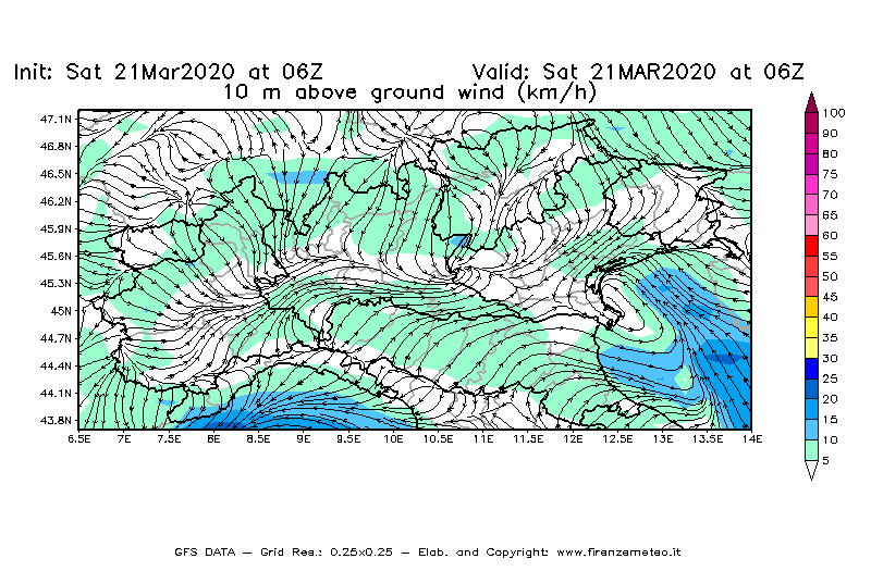 Mappa di analisi GFS - Velocità del vento a 10 metri dal suolo [km/h] in Nord-Italia
							del 21/03/2020 06 <!--googleoff: index-->UTC<!--googleon: index-->