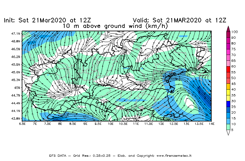 Mappa di analisi GFS - Velocità del vento a 10 metri dal suolo [km/h] in Nord-Italia
							del 21/03/2020 12 <!--googleoff: index-->UTC<!--googleon: index-->