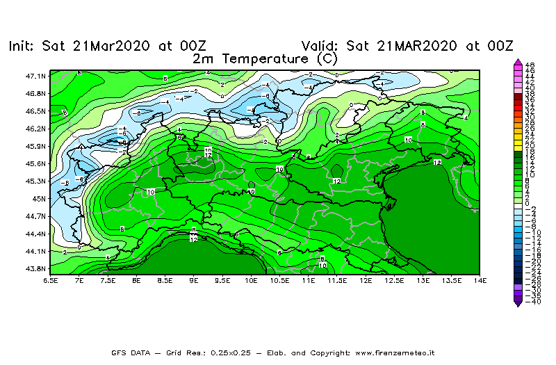 Mappa di analisi GFS - Temperatura a 2 metri dal suolo [°C] in Nord-Italia
							del 21/03/2020 00 <!--googleoff: index-->UTC<!--googleon: index-->