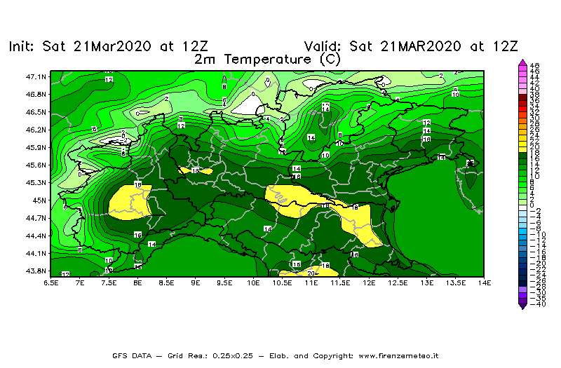 Mappa di analisi GFS - Temperatura a 2 metri dal suolo [°C] in Nord-Italia
									del 21/03/2020 12 <!--googleoff: index-->UTC<!--googleon: index-->