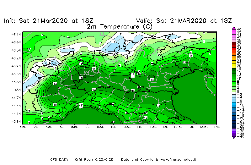 Mappa di analisi GFS - Temperatura a 2 metri dal suolo [°C] in Nord-Italia
									del 21/03/2020 18 <!--googleoff: index-->UTC<!--googleon: index-->