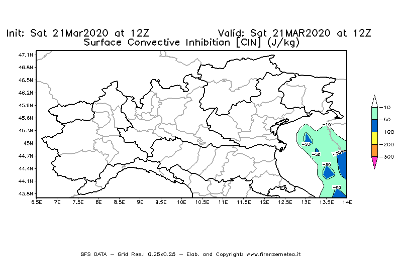 Mappa di analisi GFS - CIN [J/kg] in Nord-Italia
									del 21/03/2020 12 <!--googleoff: index-->UTC<!--googleon: index-->