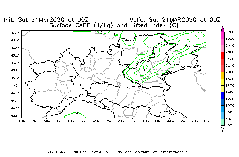 Mappa di analisi GFS - CAPE [J/kg] e Lifted Index [°C] in Nord-Italia
							del 21/03/2020 00 <!--googleoff: index-->UTC<!--googleon: index-->