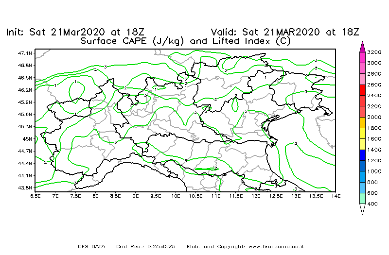 Mappa di analisi GFS - CAPE [J/kg] e Lifted Index [°C] in Nord-Italia
							del 21/03/2020 18 <!--googleoff: index-->UTC<!--googleon: index-->