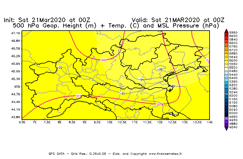 Mappa di analisi GFS - Geopotenziale [m] + Temp. [°C] a 500 hPa + Press. a livello del mare [hPa] in Nord-Italia
									del 21/03/2020 00 <!--googleoff: index-->UTC<!--googleon: index-->