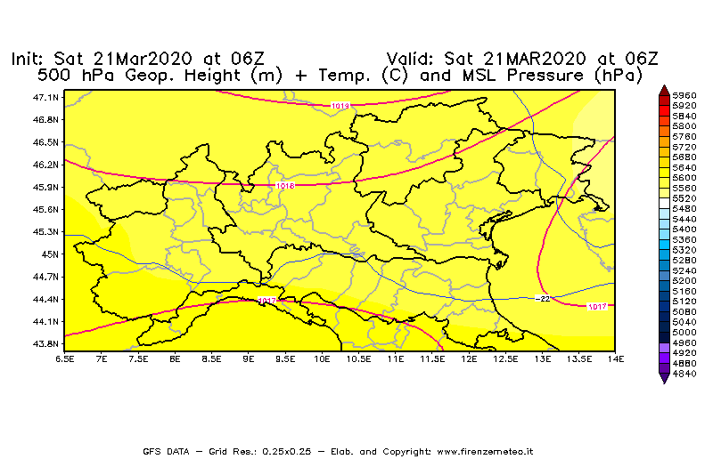 Mappa di analisi GFS - Geopotenziale [m] + Temp. [°C] a 500 hPa + Press. a livello del mare [hPa] in Nord-Italia
							del 21/03/2020 06 <!--googleoff: index-->UTC<!--googleon: index-->