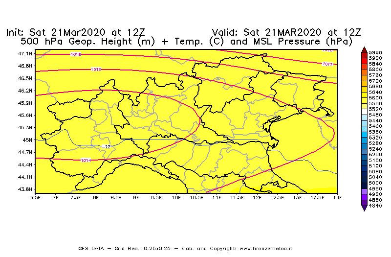 Mappa di analisi GFS - Geopotenziale [m] + Temp. [°C] a 500 hPa + Press. a livello del mare [hPa] in Nord-Italia
									del 21/03/2020 12 <!--googleoff: index-->UTC<!--googleon: index-->