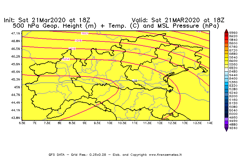 Mappa di analisi GFS - Geopotenziale [m] + Temp. [°C] a 500 hPa + Press. a livello del mare [hPa] in Nord-Italia
									del 21/03/2020 18 <!--googleoff: index-->UTC<!--googleon: index-->