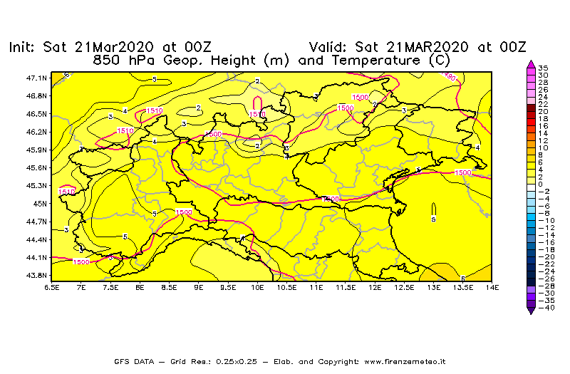 Mappa di analisi GFS - Geopotenziale [m] e Temperatura [°C] a 850 hPa in Nord-Italia
							del 21/03/2020 00 <!--googleoff: index-->UTC<!--googleon: index-->