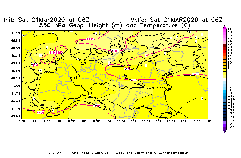 Mappa di analisi GFS - Geopotenziale [m] e Temperatura [°C] a 850 hPa in Nord-Italia
									del 21/03/2020 06 <!--googleoff: index-->UTC<!--googleon: index-->