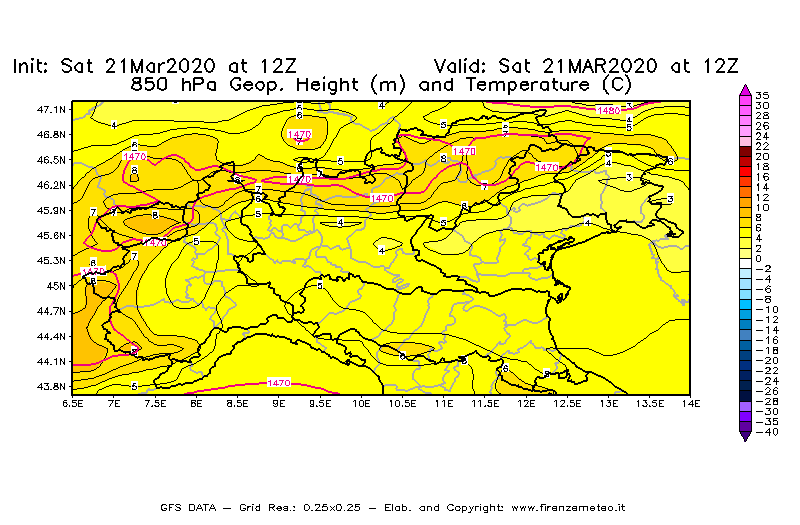 Mappa di analisi GFS - Geopotenziale [m] e Temperatura [°C] a 850 hPa in Nord-Italia
							del 21/03/2020 12 <!--googleoff: index-->UTC<!--googleon: index-->