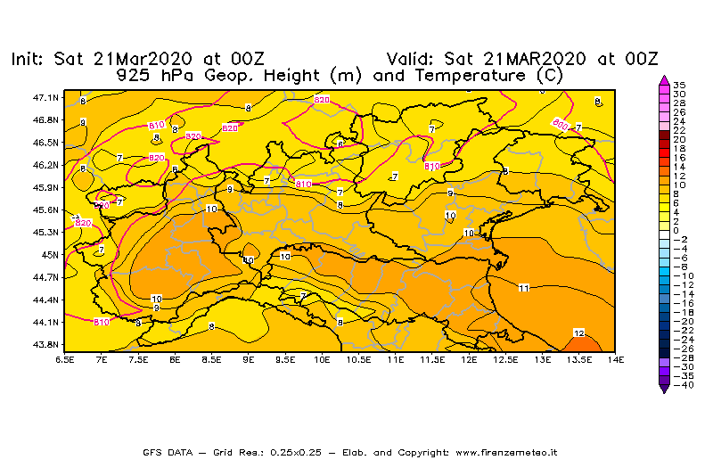 Mappa di analisi GFS - Geopotenziale [m] e Temperatura [°C] a 925 hPa in Nord-Italia
									del 21/03/2020 00 <!--googleoff: index-->UTC<!--googleon: index-->