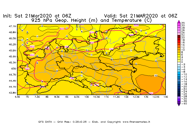 Mappa di analisi GFS - Geopotenziale [m] e Temperatura [°C] a 925 hPa in Nord-Italia
							del 21/03/2020 06 <!--googleoff: index-->UTC<!--googleon: index-->