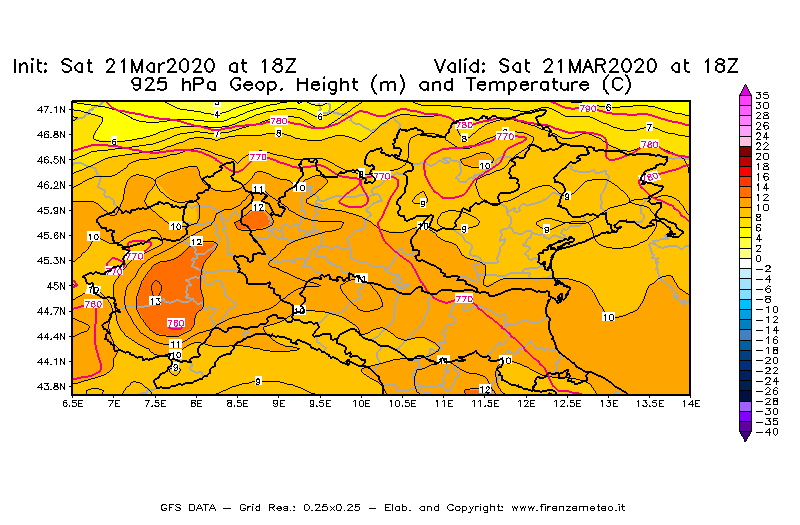 Mappa di analisi GFS - Geopotenziale [m] e Temperatura [°C] a 925 hPa in Nord-Italia
							del 21/03/2020 18 <!--googleoff: index-->UTC<!--googleon: index-->