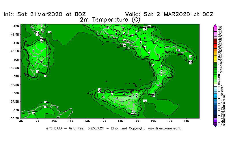 Mappa di analisi GFS - Temperatura a 2 metri dal suolo [°C] in Sud-Italia
							del 21/03/2020 00 <!--googleoff: index-->UTC<!--googleon: index-->