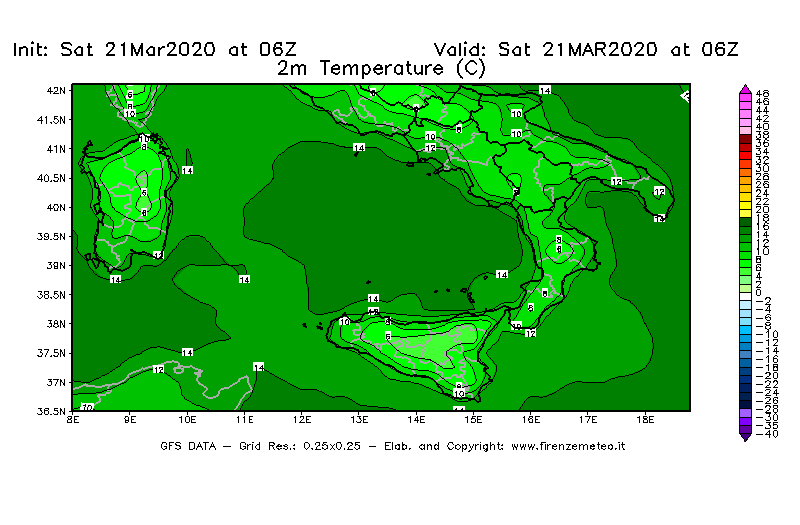Mappa di analisi GFS - Temperatura a 2 metri dal suolo [°C] in Sud-Italia
									del 21/03/2020 06 <!--googleoff: index-->UTC<!--googleon: index-->