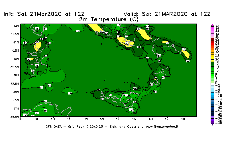 Mappa di analisi GFS - Temperatura a 2 metri dal suolo [°C] in Sud-Italia
							del 21/03/2020 12 <!--googleoff: index-->UTC<!--googleon: index-->