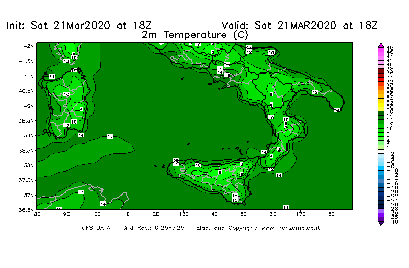 Mappa di analisi GFS - Temperatura a 2 metri dal suolo [°C] in Sud-Italia
									del 21/03/2020 18 <!--googleoff: index-->UTC<!--googleon: index-->