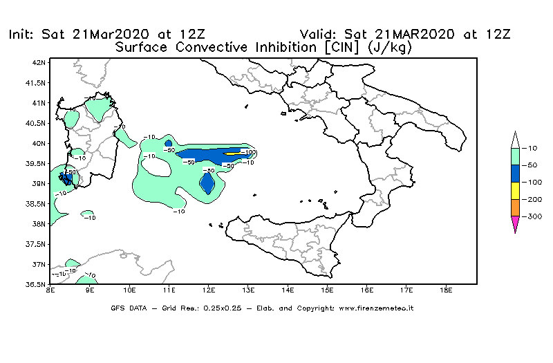 Mappa di analisi GFS - CIN [J/kg] in Sud-Italia
									del 21/03/2020 12 <!--googleoff: index-->UTC<!--googleon: index-->