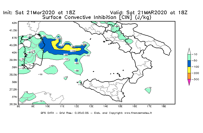Mappa di analisi GFS - CIN [J/kg] in Sud-Italia
									del 21/03/2020 18 <!--googleoff: index-->UTC<!--googleon: index-->