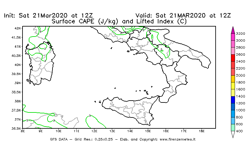 Mappa di analisi GFS - CAPE [J/kg] e Lifted Index [°C] in Sud-Italia
							del 21/03/2020 12 <!--googleoff: index-->UTC<!--googleon: index-->