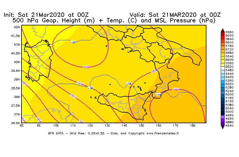Mappa di analisi GFS - Geopotenziale [m] + Temp. [°C] a 500 hPa + Press. a livello del mare [hPa] in Sud-Italia
									del 21/03/2020 00 <!--googleoff: index-->UTC<!--googleon: index-->