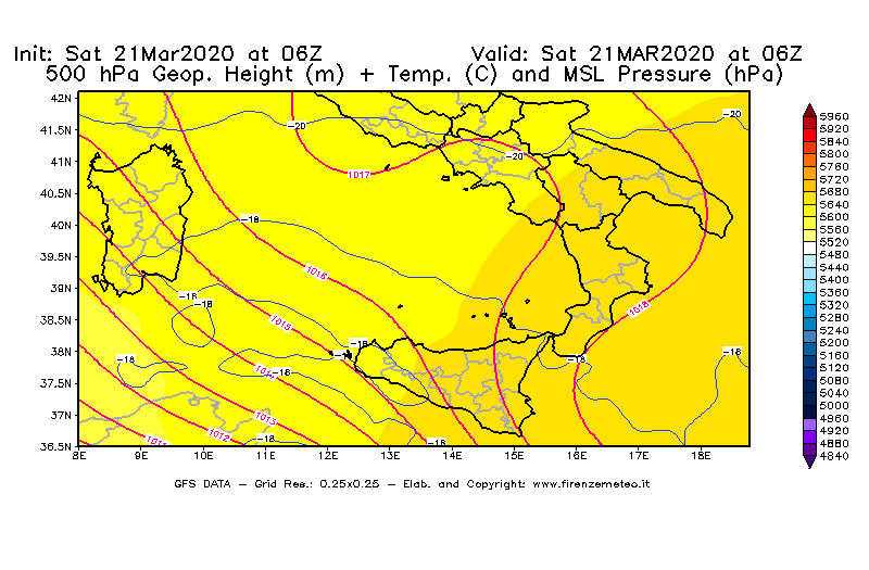 Mappa di analisi GFS - Geopotenziale [m] + Temp. [°C] a 500 hPa + Press. a livello del mare [hPa] in Sud-Italia
							del 21/03/2020 06 <!--googleoff: index-->UTC<!--googleon: index-->
