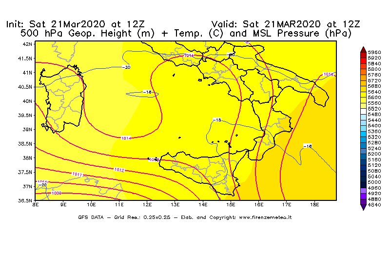 Mappa di analisi GFS - Geopotenziale [m] + Temp. [°C] a 500 hPa + Press. a livello del mare [hPa] in Sud-Italia
							del 21/03/2020 12 <!--googleoff: index-->UTC<!--googleon: index-->