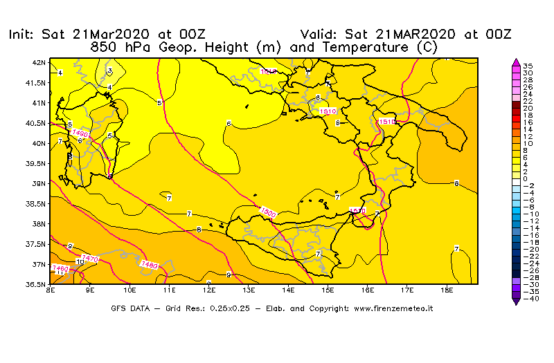Mappa di analisi GFS - Geopotenziale [m] e Temperatura [°C] a 850 hPa in Sud-Italia
									del 21/03/2020 00 <!--googleoff: index-->UTC<!--googleon: index-->