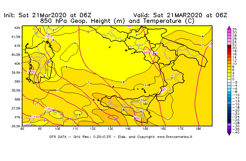 Mappa di analisi GFS - Geopotenziale [m] e Temperatura [°C] a 850 hPa in Sud-Italia
							del 21/03/2020 06 <!--googleoff: index-->UTC<!--googleon: index-->